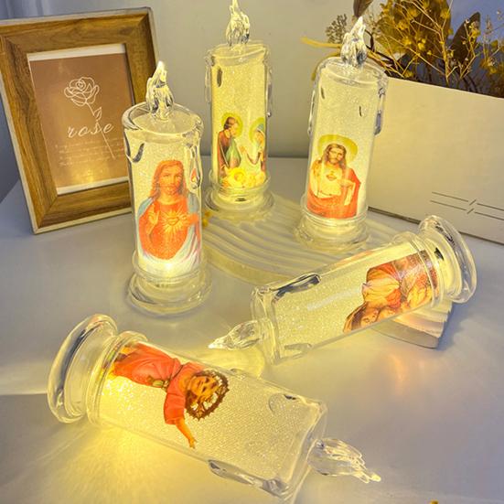 1/6Pcs LED Flameless Prayer Candles Flickering Fake Candle Jesus Devotional Prayer Candle Light Religious Tea Lights Decoration