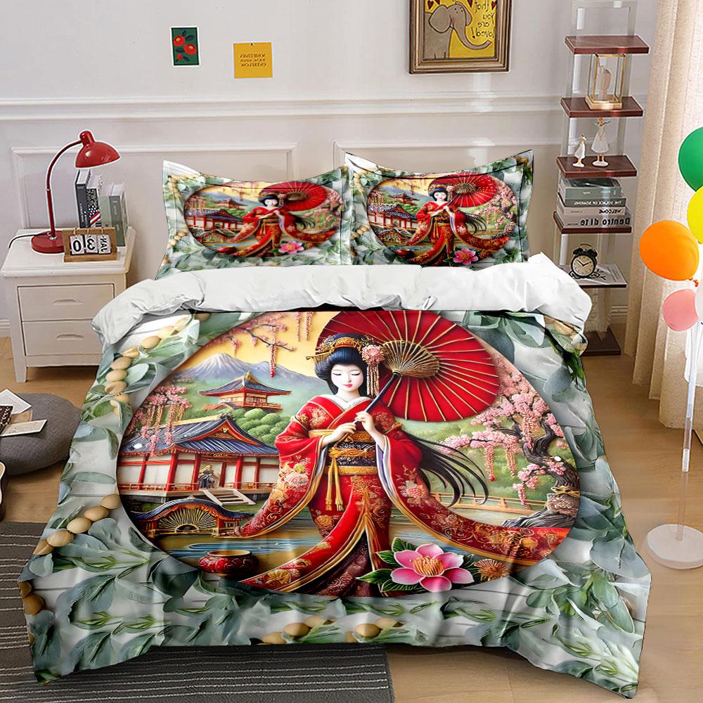 "Traditional Geisha with Red Parasol" Print Bedding Set Duvet Cover Pillowcases (1* Duvet Cover 2* Pillowcases Do Not Include Comforter)