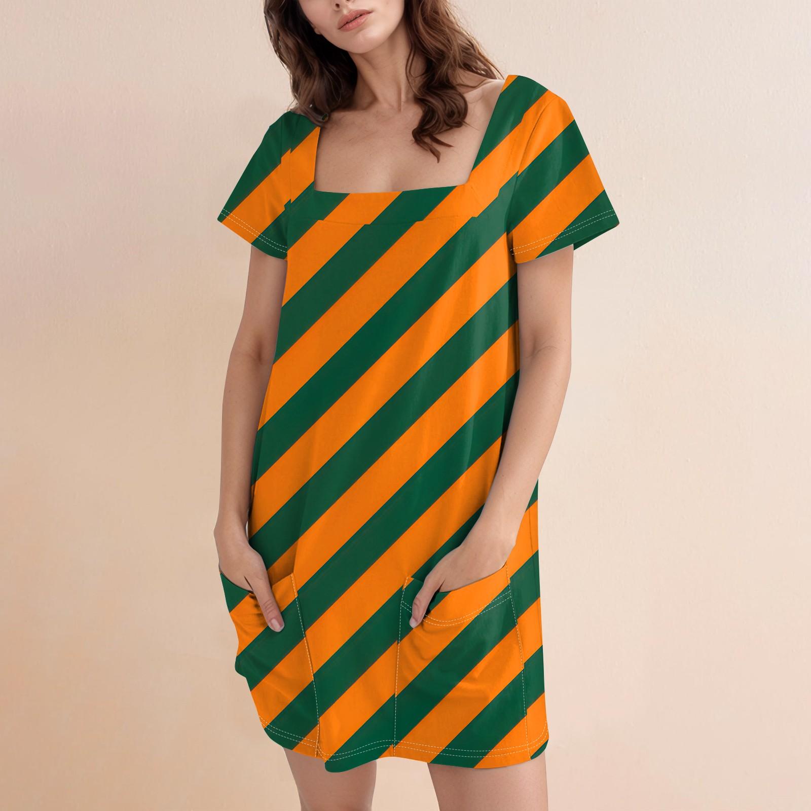 

Women s Fashion Casual Print Square Neck Short Sleeve Short Dress XXL помаранчевий