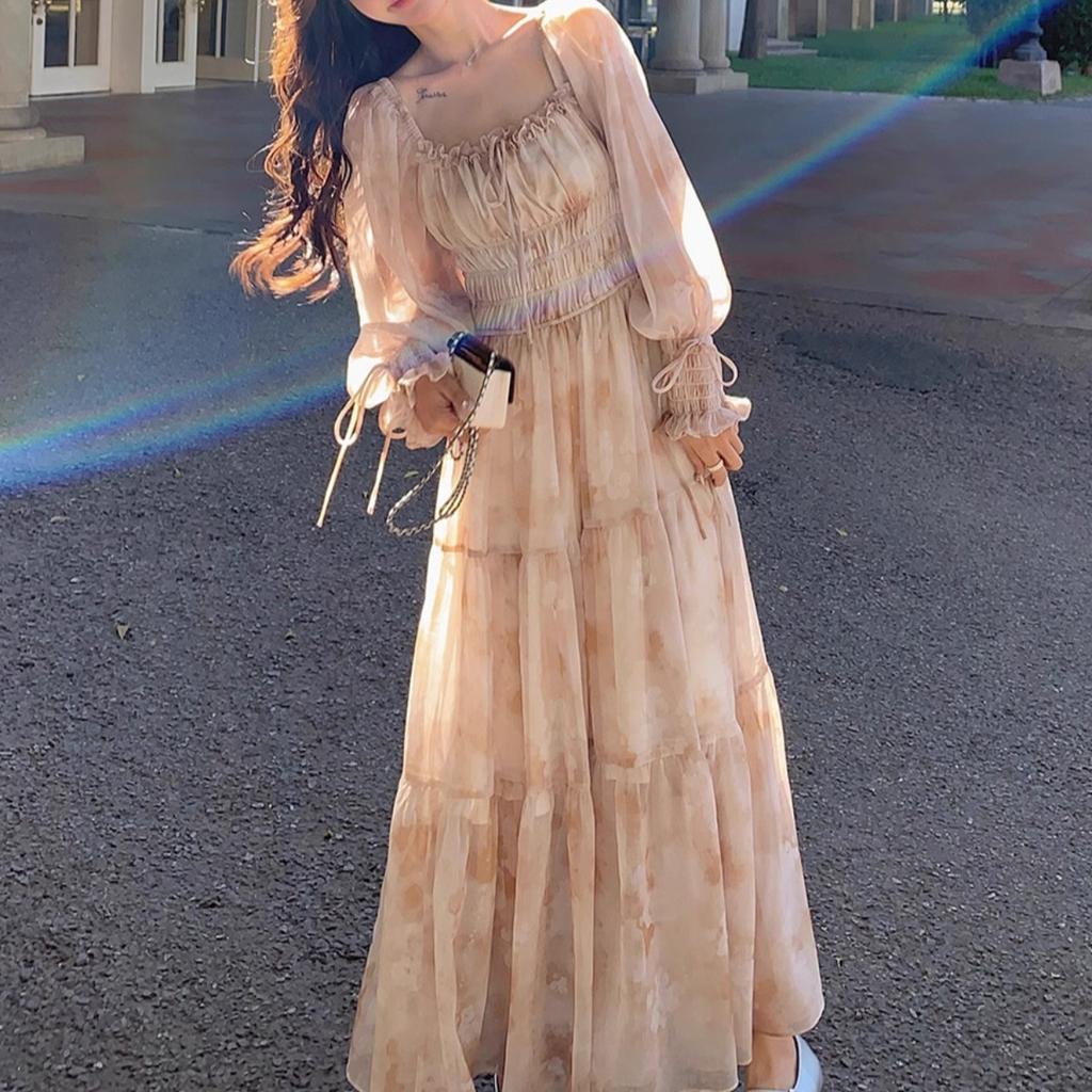 French Printed Chiffon Dress for Women's Spring and Autumn New Gentle Temperament, Thin and Beautiful, Popular Fairy Dress