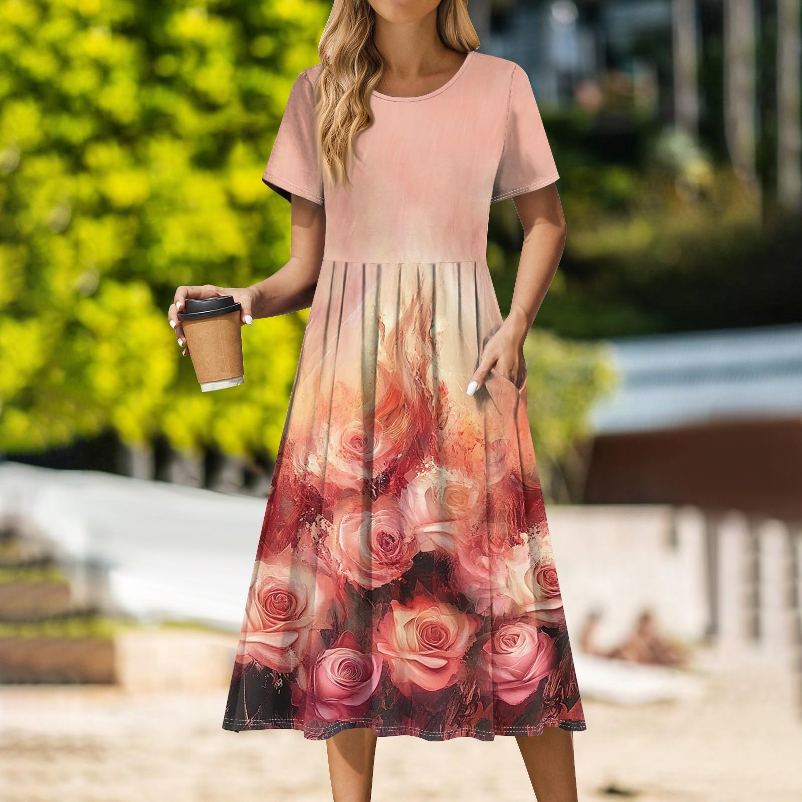 

Жіноча повсякденна повсякденна сукня міді з милим візерунком і круглим вирізом, базова класична повсякденна вільна сукня з короткими рукавами XL помаранчевий