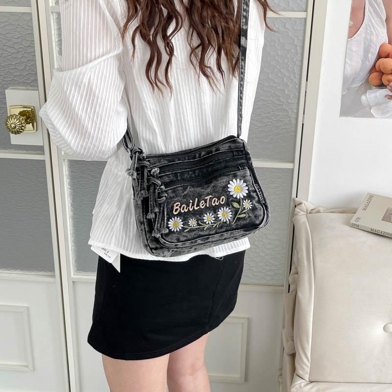 Lightweight Denim Zipper Crossbody Bag Stitching Line Embroidery Decoration Bag Hot Sale Casual Youth Women's Shoulder Bags