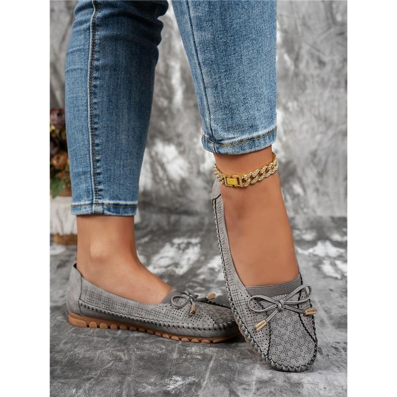 Women Bow Decor Flat Loafers Round Toe Slip‑On Shoes Soft PU Casual Moccasins Comfortable Lightweight Walking Shoes For Daily Office Wear