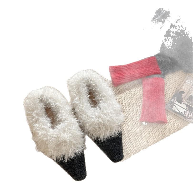 Korean Version of Square Head Plush Shoes Single Shoes Women's 2025 Warm Cotton Shoes French Thick Heel Retro Black Small Leather Shoes