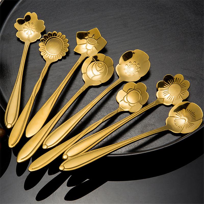 8pcs Stainless Steel Cherry Rose Flower Gold Scoop Coffee Spoon Gifts Kitchen Dessert Tea Accessories Tableware Decoration Set