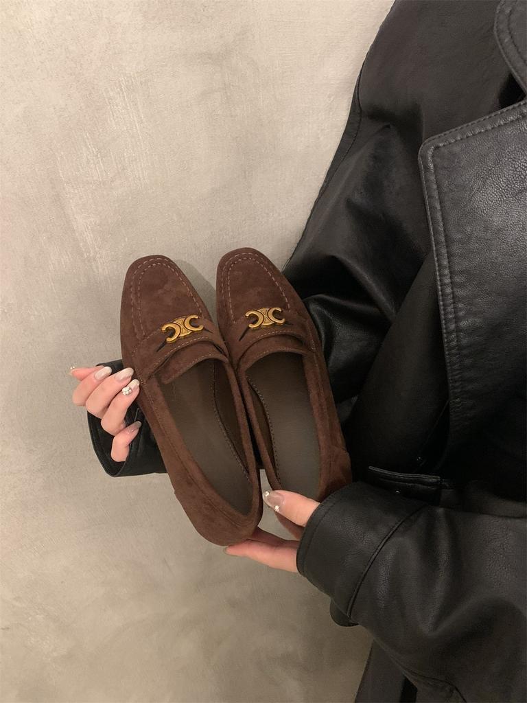 British style round head simple retro suede small leather shoes flat bottom one pedal outside wear versatile commuter shoes