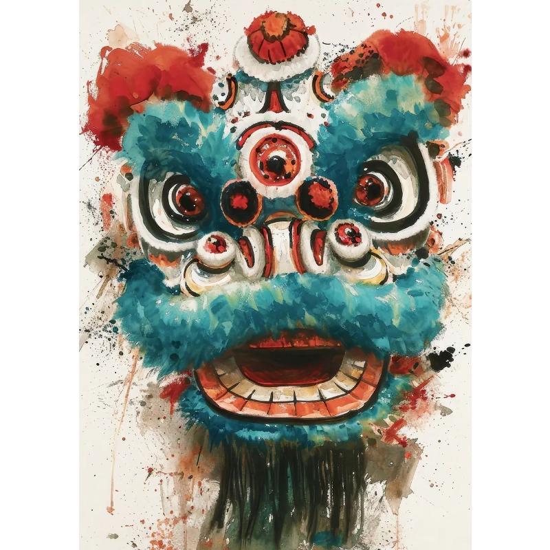 Modern Colorful Chinese Lion Dance Ink Wash Style Posters and Prints Canvas Printing Wall Art Picture for Living Room Decoration