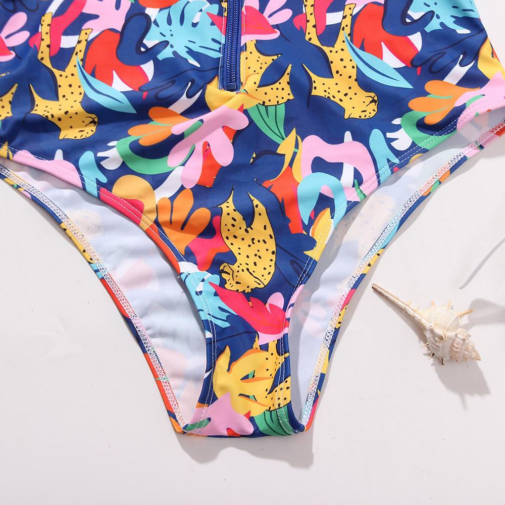 2025 Bedruckter floraler Langarm-Badeanzug mit Reißverschluss, gepolsterter einteiliger Badeanzug für Damen, String-Badeanzug, Badeanzug für Frauen