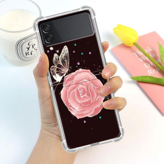 Husă de lux Butterfly Flower pentru Samsung Galaxy Z Flip 3 4 5g Funda Z Flip3 Clear Pc Hard rezistentă la șocuri Coque Shell