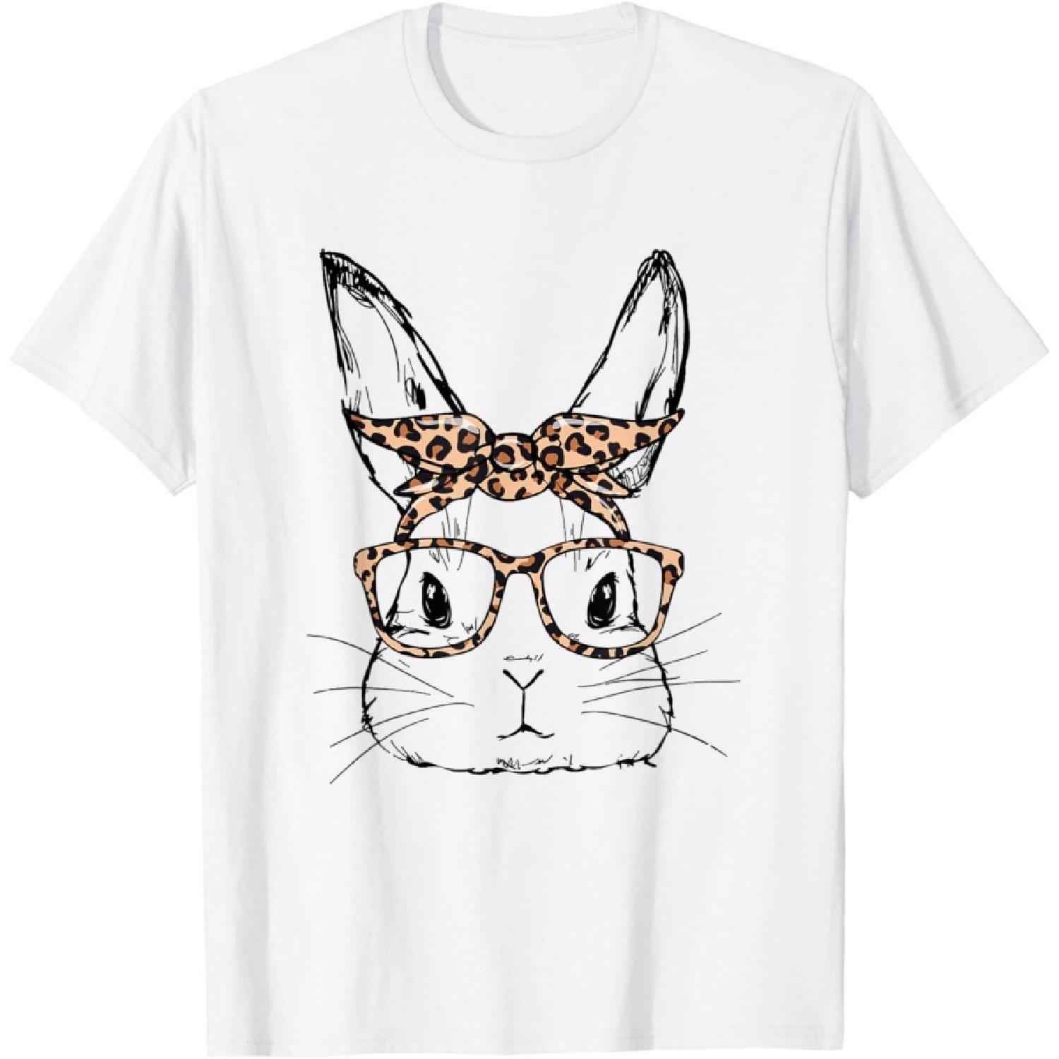 Cute Bunny Face Leopard Glasses Bandana Easter Day Women T-Shirt XXXXXL белый