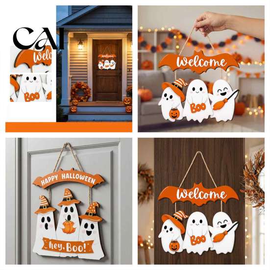 Seasonal Festive Photo Props Cute White Ghost Halloween Door Hanger, Pumpkin Witch Hat Welcome Happy Fall Farmhouse Decor Sign, Easy Hang for