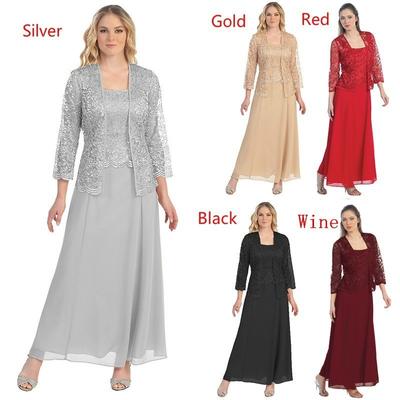 New Women Lace Cardigan and Chiffon Maxi Skirt Two-piece  Ladies Fashion Long Chiffon Dress Mother of Groom Dress with Lace Long Sleeve