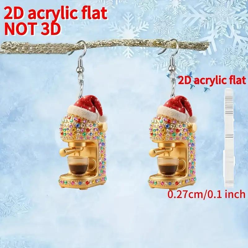 Cross-border new Christmas hat coffee machine earrings flat acrylic Christmas gift golden coffee machine earrings