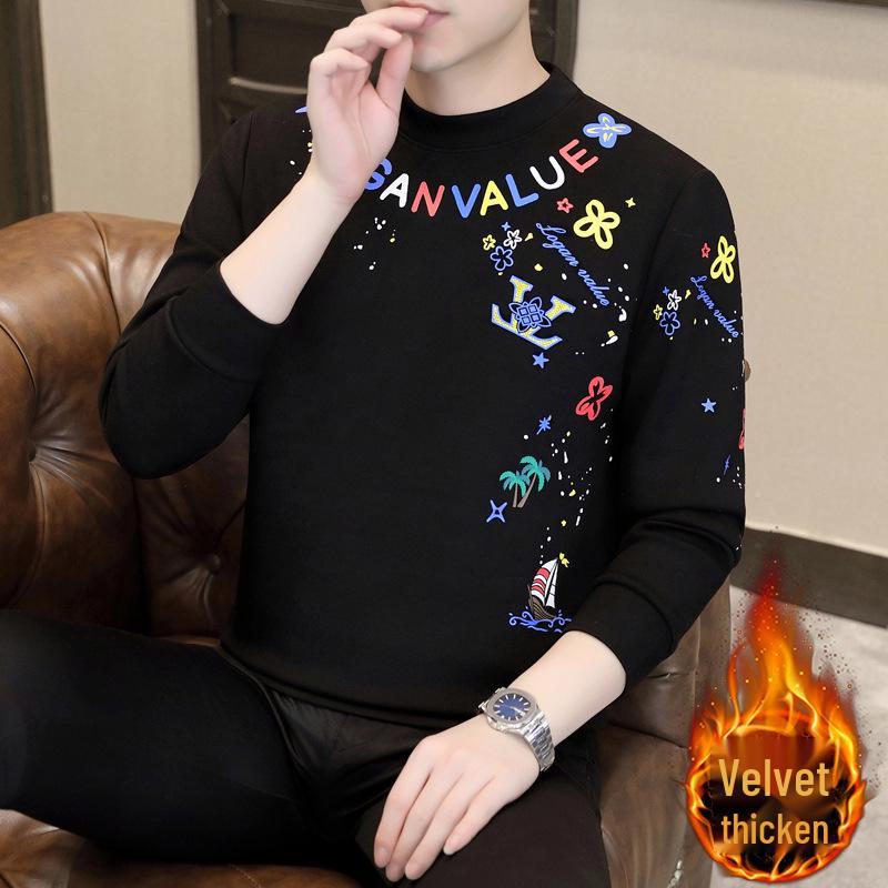 Winter Plush Men s Velvet Print Hoodie - Casual Loose Korean Style 4X-Large чёрный