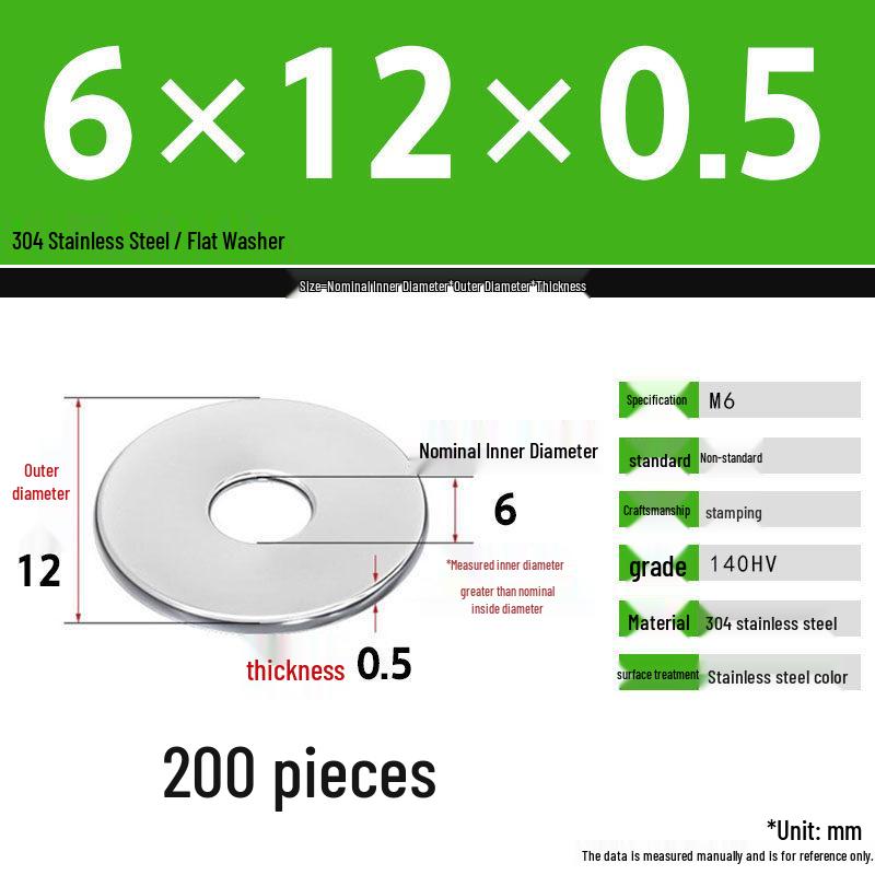 304 Stainless Steel Thickened Flat Washer Set, Sizes 2-36