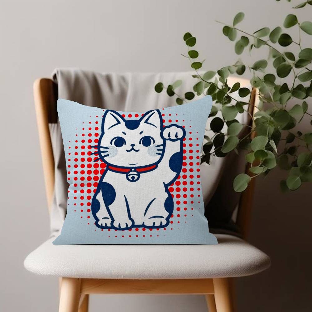 Lucky Cat Japanese Manekineko Pillow Case Sofa Living Room Bedroom Doublesided Printing Square Cushion Nap Time Pillow Case