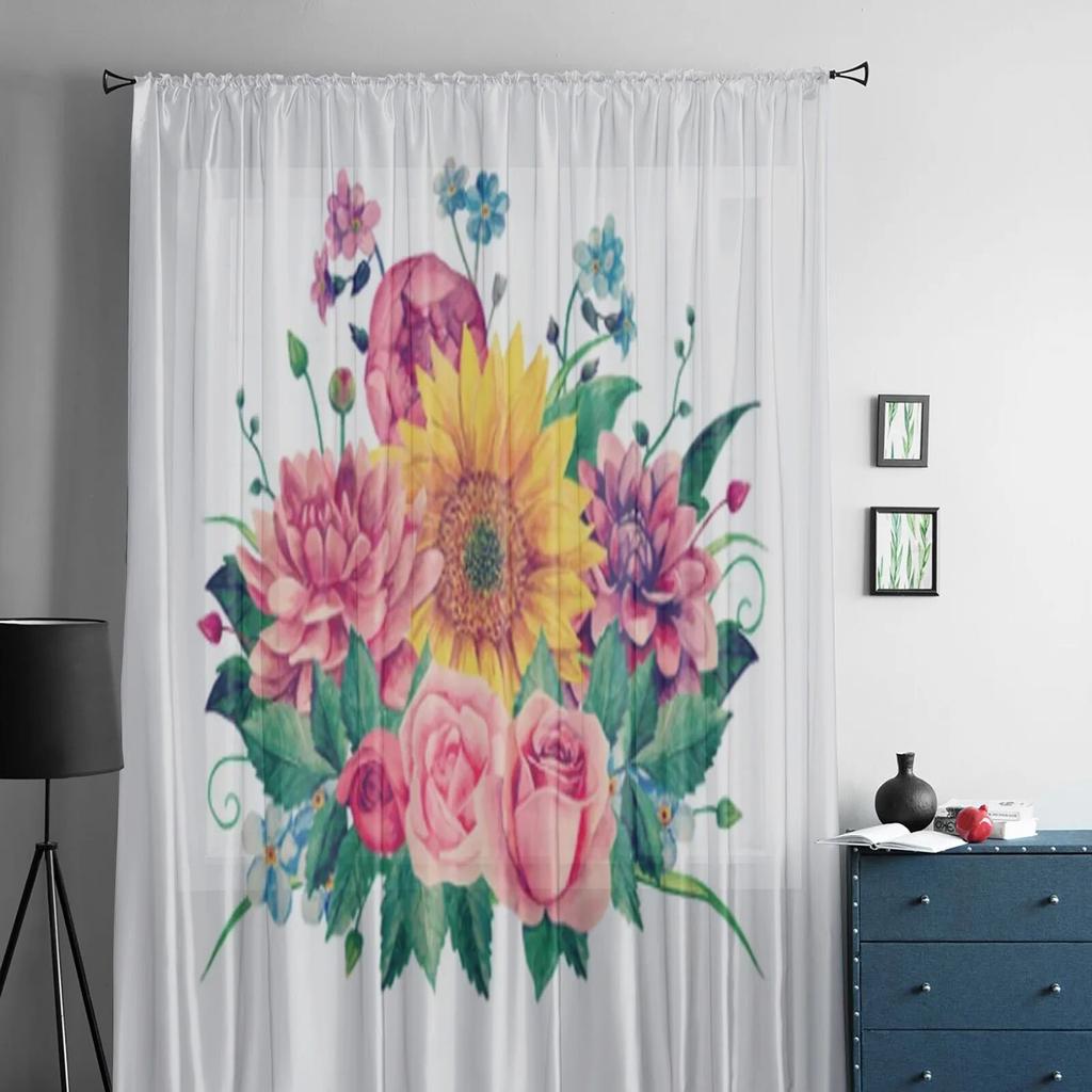 Blumenstrauß Rose Sonnenblume Gardinen für Schlafzimmer Wohnzimmer Tüll Vorhänge für Küche Voile Vorhänge Fensterbehandlung