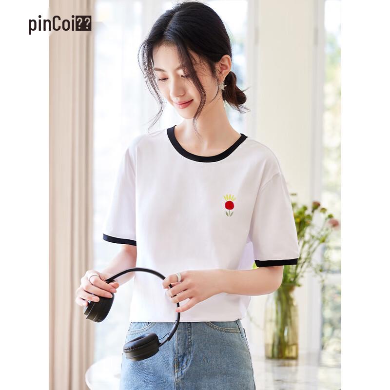 Pincai Women s Embroidered Color-Block Short-Sleeve T-Shirt M