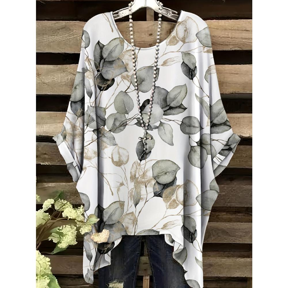 Women's Bohemian Flower Print T-Shirts Black Colorful Retro Full Body Graphic Y2k T-Shirts Summer Asymmetric Hemp&o- Neck Tops