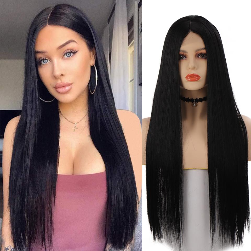 

Черный длинный прямой парик для женщин 28 дюймов Натуральная средняя часть Синтетические парики Термостойкие волокна Косплей Парики