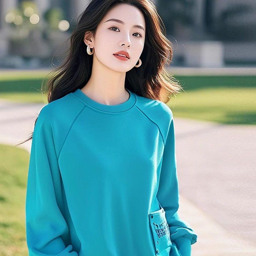 

Зеленая толстовка с длинным рукавом, женская, пуловер, свободный повседневный осенний наряд L синий