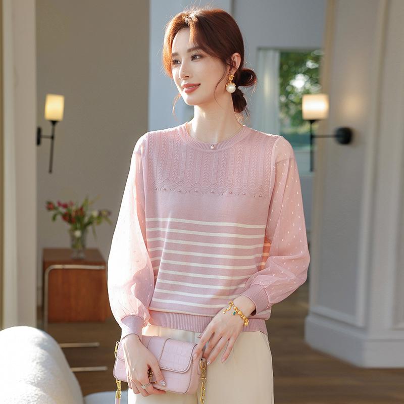 Elegant Gauze Sleeve Striped Knit Sweater for Middle-Aged Women - Slimming Spring Top for Moms