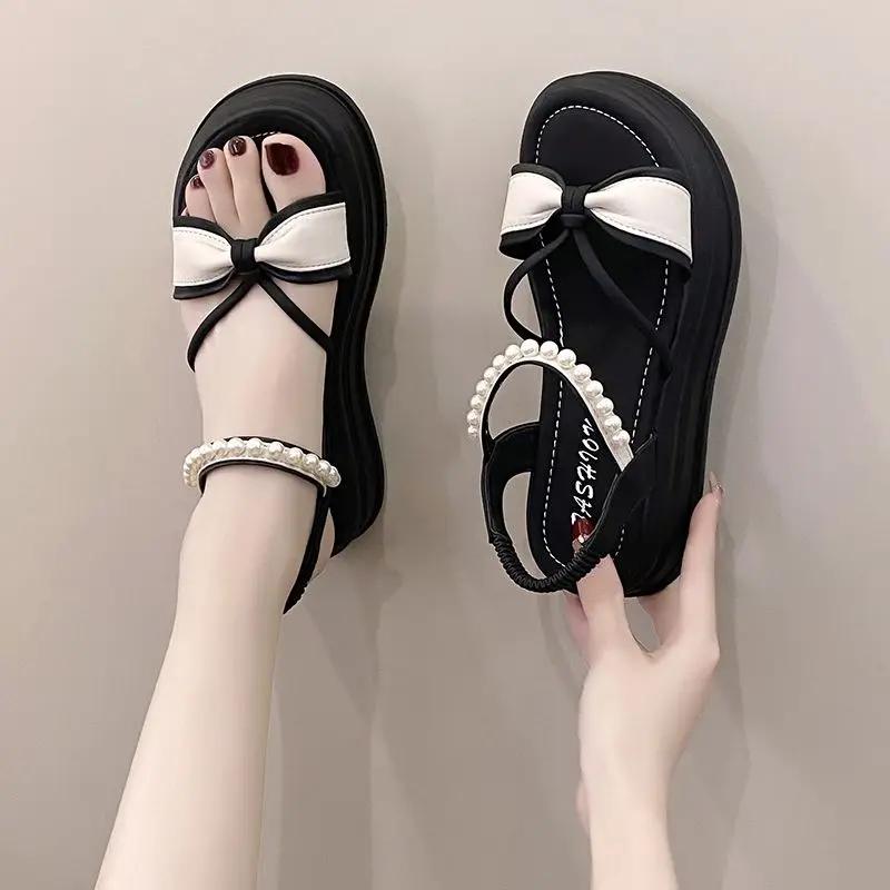 Fashion Summer Round Toe Tip Pearl Woman Shoes 2025 Comfortable Daily Luxury Sandal Wholesale High Quality Korea Vip Sandals for Women