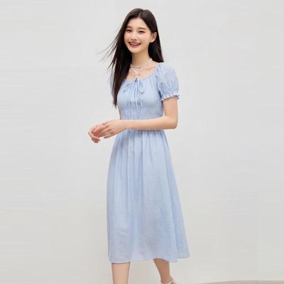 French Style Square Neck A-Line Midi Dress