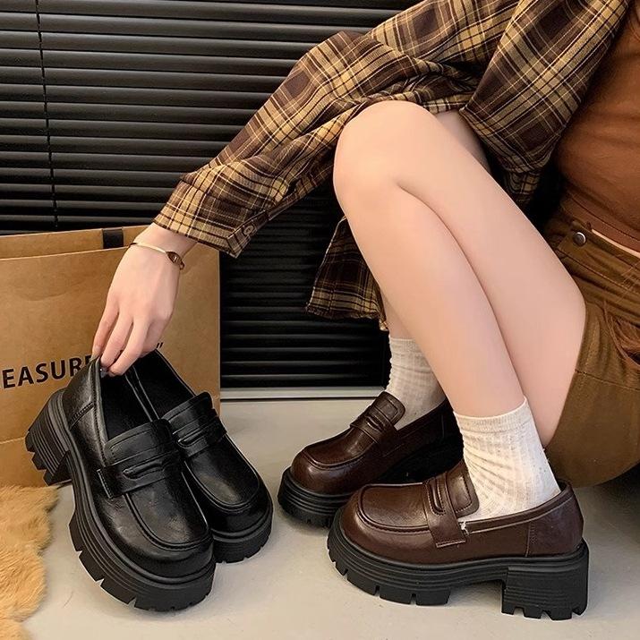 Muffin platform loafers women's spring and autumn 2025 new French thick-heeled single shoes British versatile small leather shoes