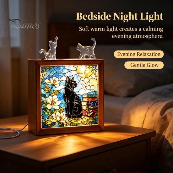 Wooden Photo Frame Base DIY Acrylic Cat Puzzles Night Light, Hand-Assembled Stained Glass Style Jigsaw Lamp with Personalized Handmade Presents Decor,