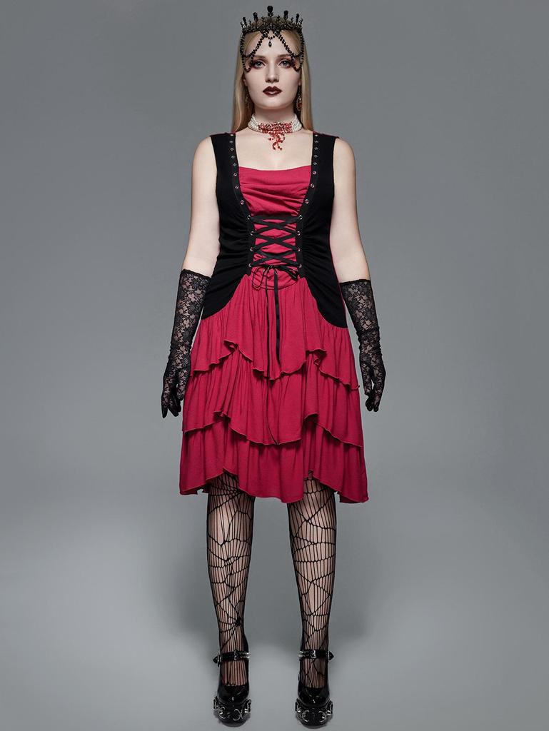 Rosegal Gothic Grommets Two Tone Lace-up Ruched Layered Tank Dress