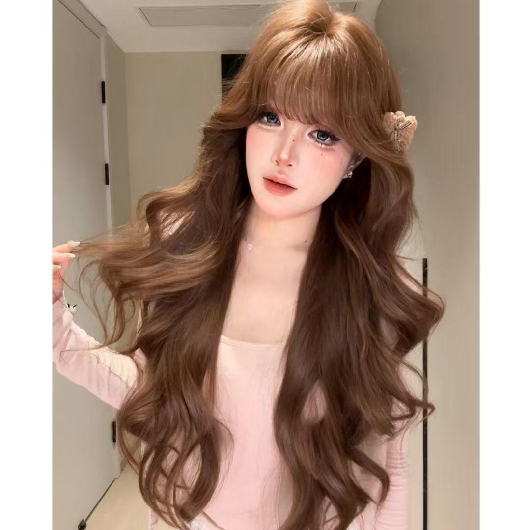 Теплая коричневая длинная кудрявая парика с челкой-воздухом для женщин - Осень/Зима