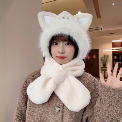 2025 New Cat Hat Scarf One-piece Two-piece Set Women's Plush Thickened Cycling Ear Protection Plush Cap