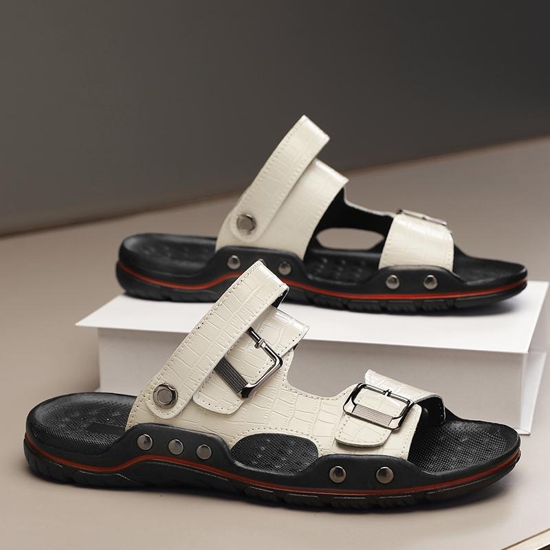 Romerske sandaler for menn svart hvitt skinn Gladiator sandaler utendørs sommer romerske sandaler for menn Peep Toe åpen tå strandsko