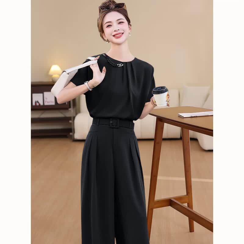 D.F.DEAR Elegant Round Neck Short Sleeve Wide-Leg Pants Set