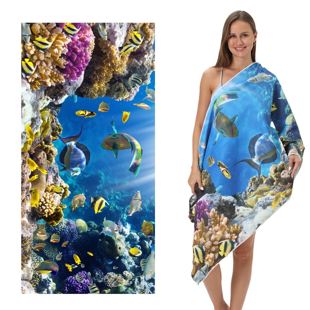 Tropical Fish Coral Reef Beach Towel Underwater World Marine Life Bath Towel Sand Free Quick Dry Blanket for Summer Seaside