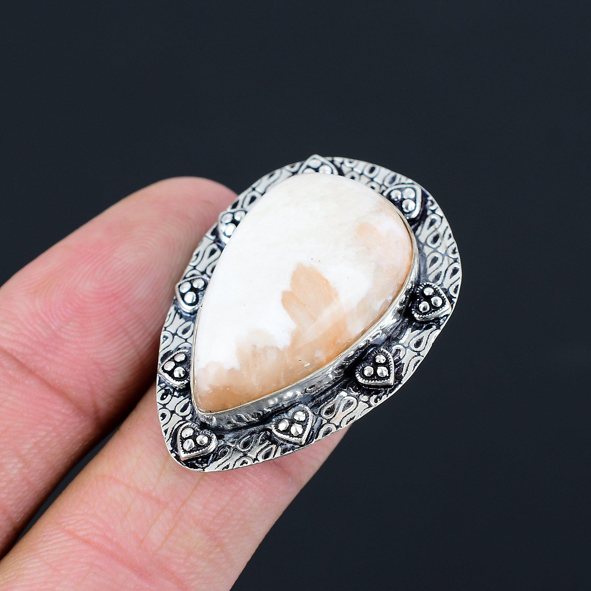 Pear Scolecite Stone Promise Handmade Ethnic Ring Jewelry Size 6 Sterling Silver 6