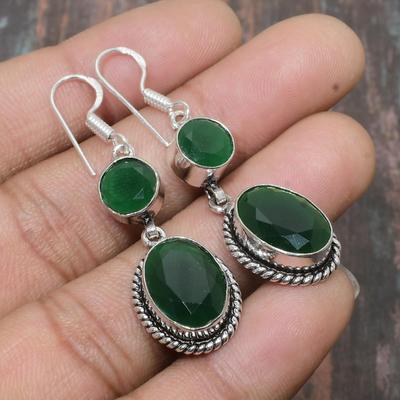 Lovely Emerald(Simulated) Gemstone Handmade 925 Sterling Silver Jewelry Earring