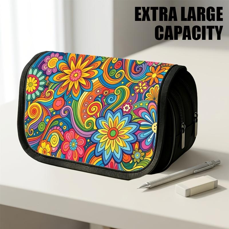 1pc Double Layer Flip Pencil Case, Mandala Art, Large Capacity, Portable Polyester Pen Storage Bag with Zipper Closure, Ideal for School & Office Supp