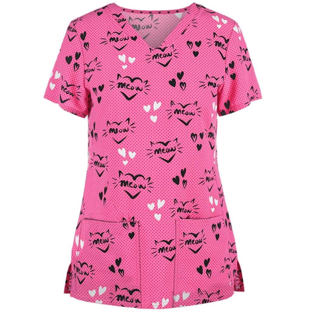 Women Printed Short Sleeve Nurse Scrub Top V Neck Medical Uniform Shirt with Pockets Comfortable Fit Workwear for Healthcare Professionals