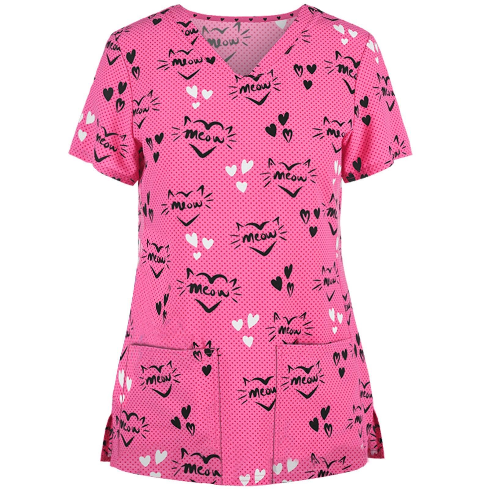 

Women Printed Short Sleeve Nurse Scrub Top V Neck Medical Uniform Shirt with Pockets Comfortable Fit Workwear for Healthcare Professionals XXXXXL розовый