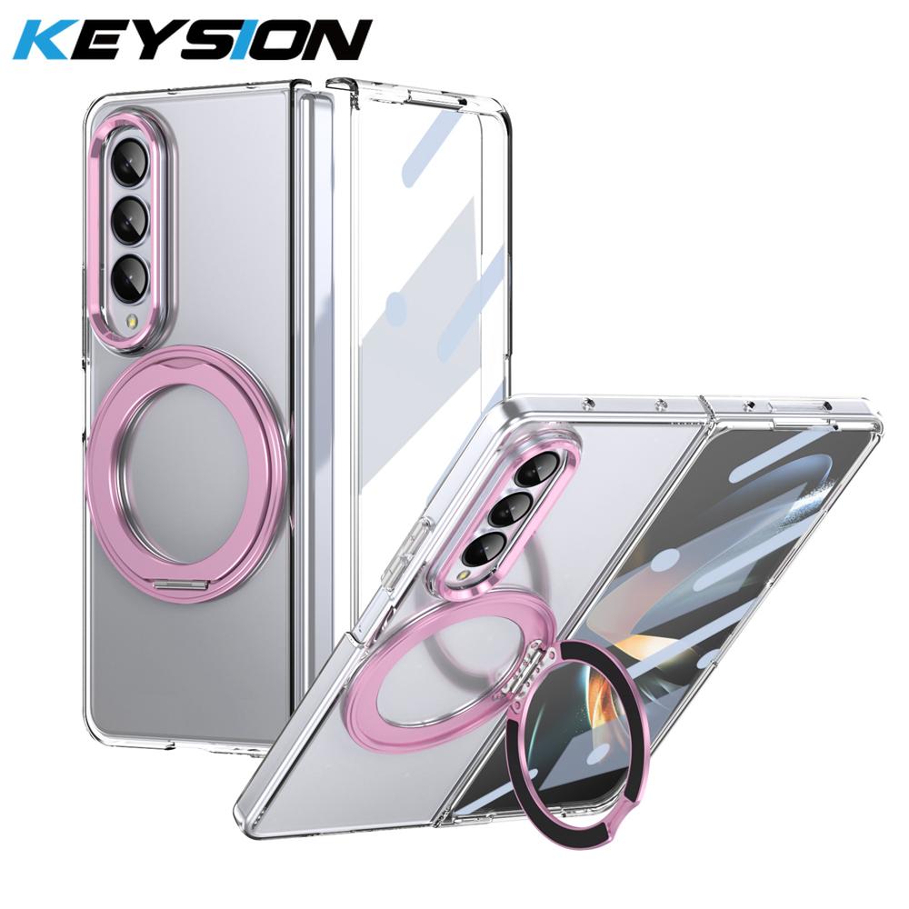 

KEYSION Чехол-подставка с магнитным кольцом, вращающимся на 360°, для Samsung Galaxy Z Fold 4 3 5G, прозрачная накладка для телефона с защитной пленкой для экрана for Galaxy Z Fold 3 розовый