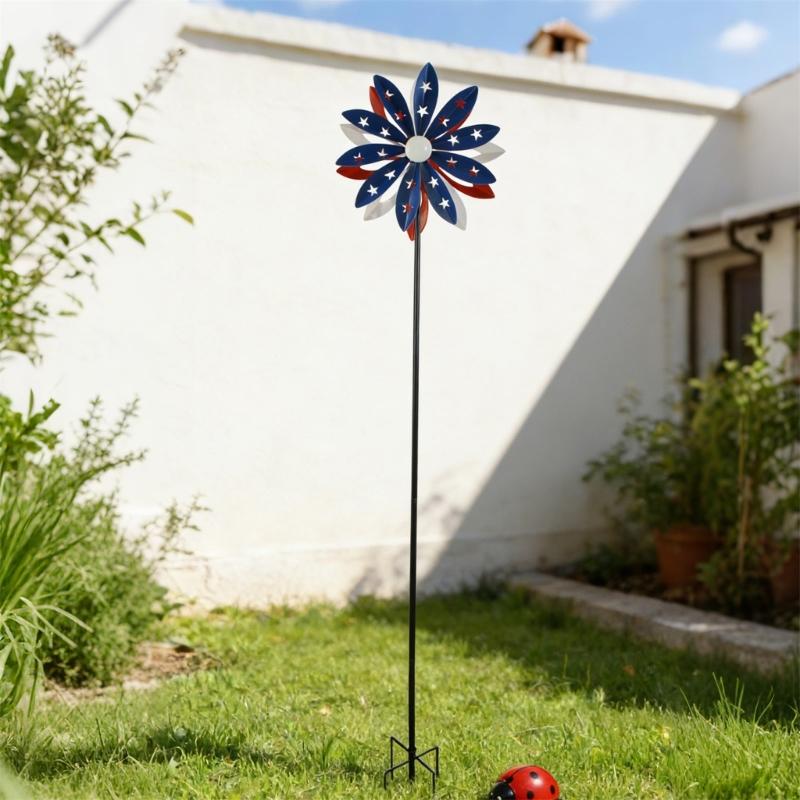 Metal Windmill Feature With Bright Red And Dark Blue Blades Great For Garden Landscape Lawn Yard And Deck Enhancement