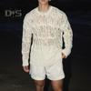 Men Tops Crew Neck Long Sleeve Knitted T-Shirt Men Clothing Retro Hollow-Out Mesh Knit Tops Spring Streetwear