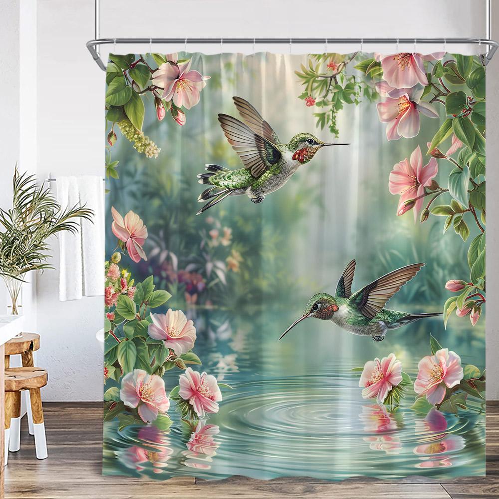 Bird Animal Shower Curtain Huumingbird Flower Floral Plant Classical Bathroom Decor Spring Autumn Polyester Bath Curtain with Ho