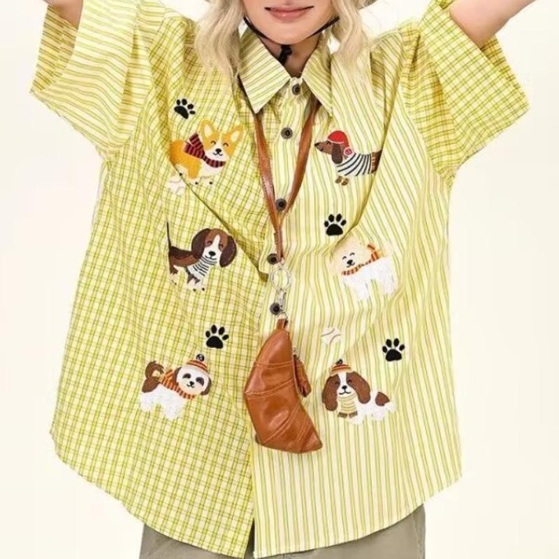 Dog Embroidered Striped Women's Shirt Contrasting Short Sleeve Lapel Top Single Breasted Loose Versatile Summer Clothing