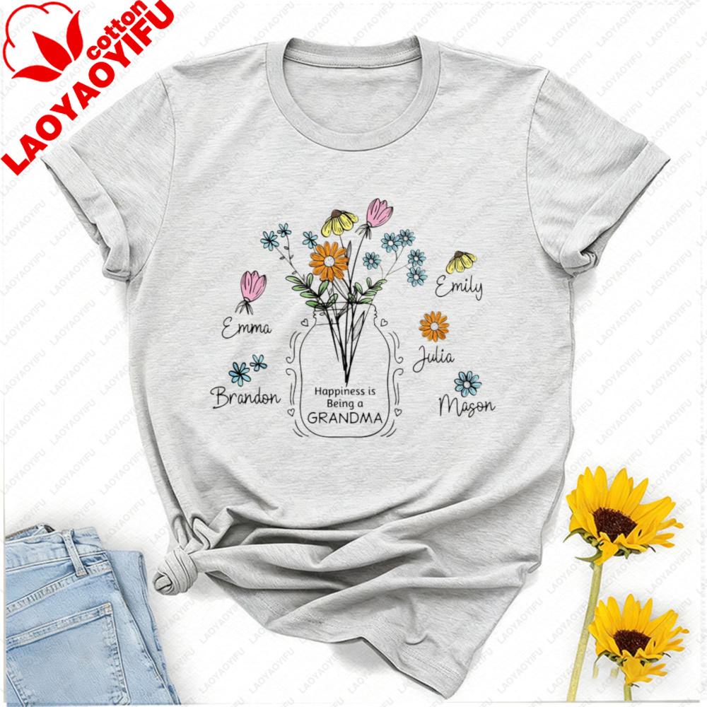 Custom Floral Grandma Nana Cotton TShirt with Grandkids Name Gift for Grandma Mothers Day Tee Personalized Grandma Shirt Tops