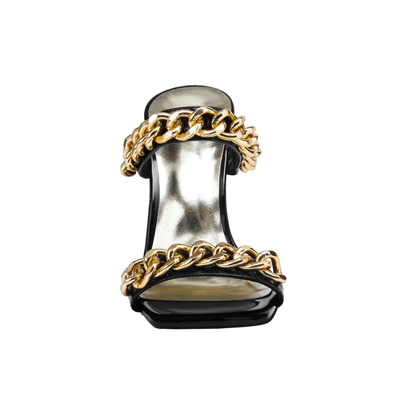 Fashion Women's New Spring/Summer European and American Square Head Metal Chain Wolf Teeth High Heel Large Open Toe Slippers