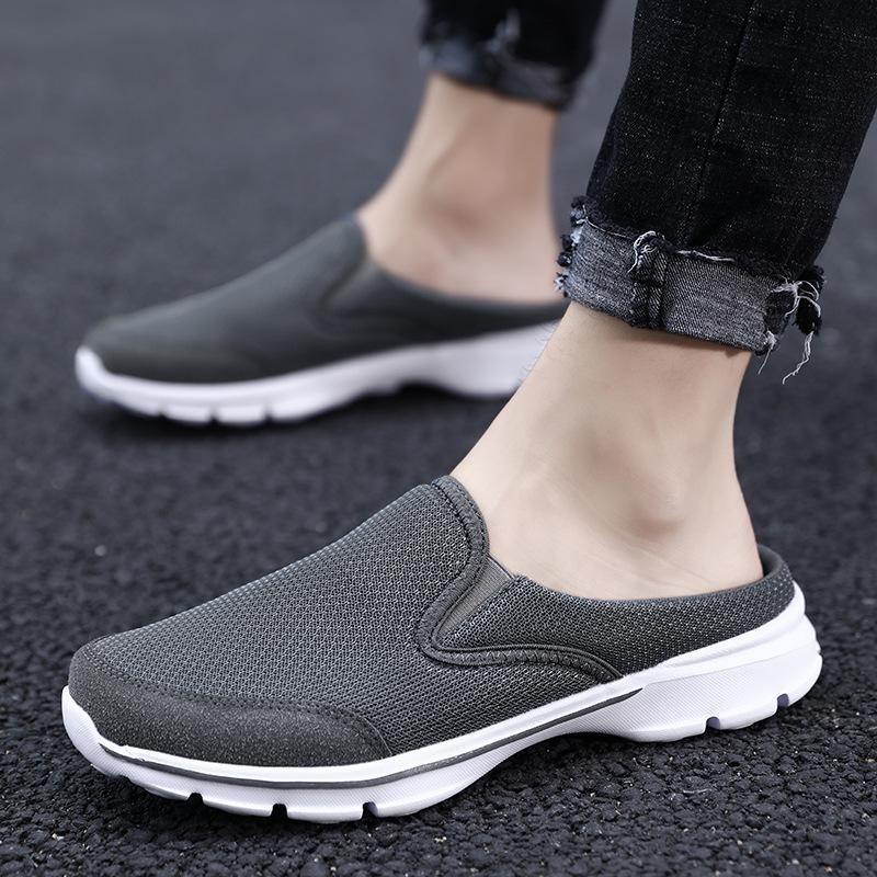 2025 Korean version of large size casual shoes half tray men's shoes single shoes men's flat sole one pedal sandals mesh half drag