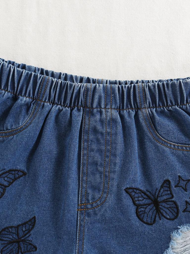 Single-piece set of girls' tassel star decoration cute butterfly embroidery trendy must-have ripped denim shorts new style